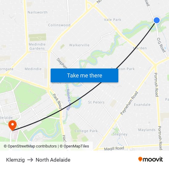 Klemzig to North Adelaide map