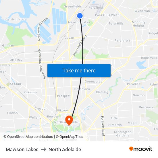 Mawson Lakes to North Adelaide map