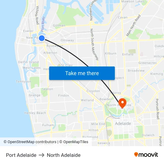 Port Adelaide to North Adelaide map