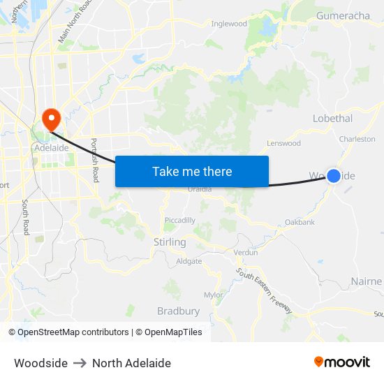 Woodside to North Adelaide map