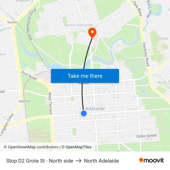 Stop D2 Grote St - North side to North Adelaide map