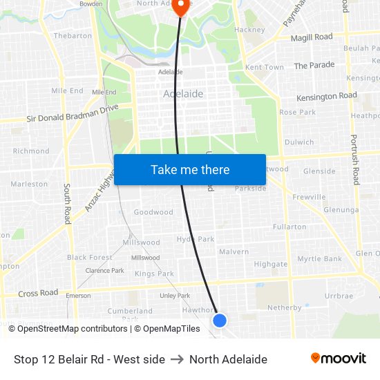 Stop 12 Belair Rd - West side to North Adelaide map