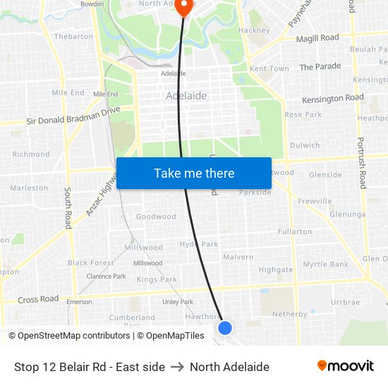 Stop 12 Belair Rd - East side to North Adelaide map