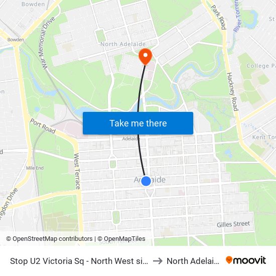 Stop U2 Victoria Sq - North West side to North Adelaide map