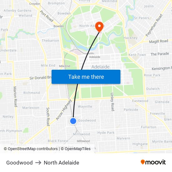 Goodwood to North Adelaide map