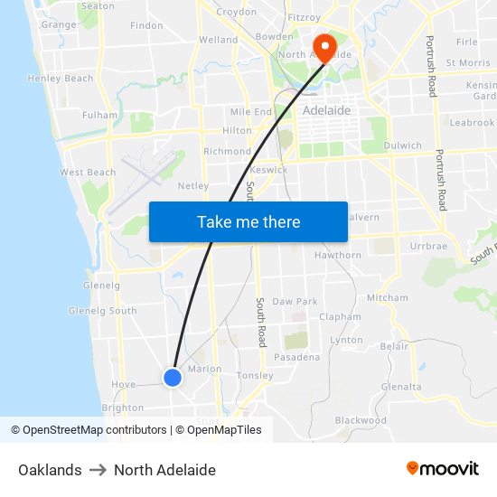 Oaklands to North Adelaide map