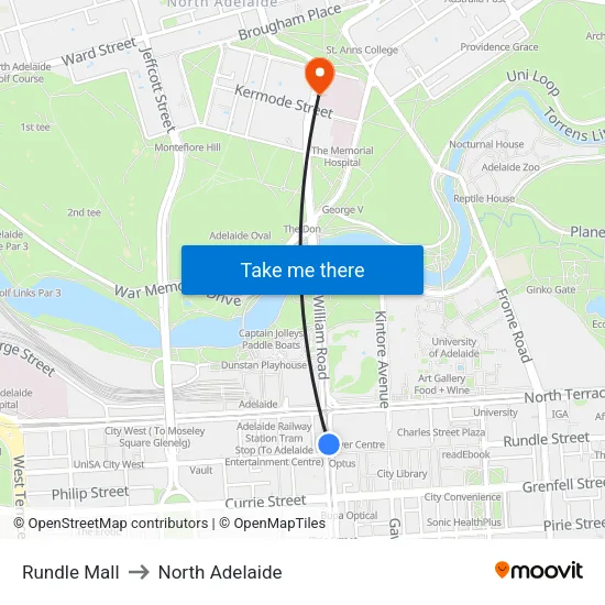 Rundle Mall to North Adelaide map