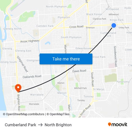 Cumberland Park to North Brighton map