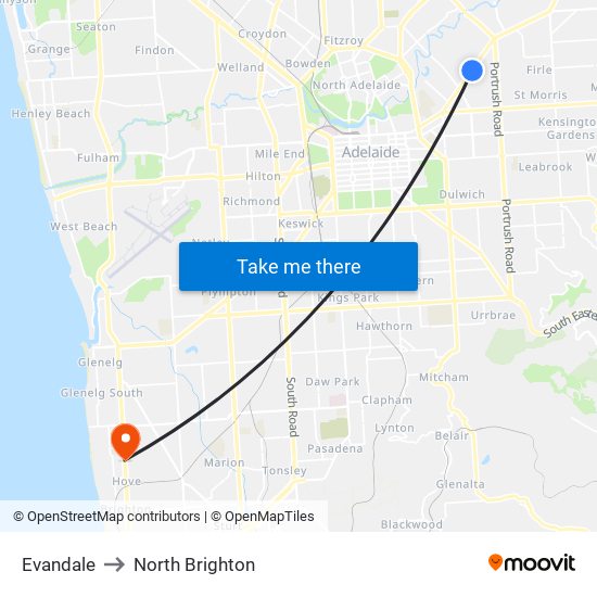 Evandale to North Brighton map