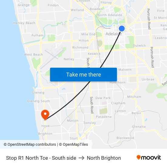 Stop R1 North Tce - South side to North Brighton map