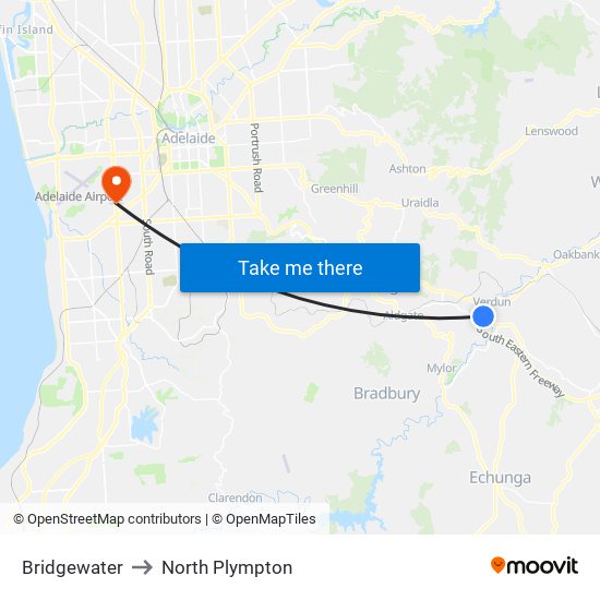 Bridgewater to North Plympton map
