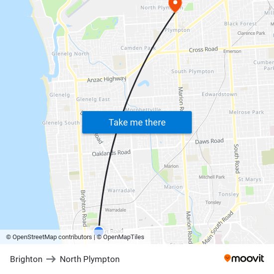 Brighton to North Plympton map