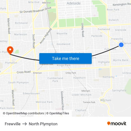 Frewville to North Plympton map