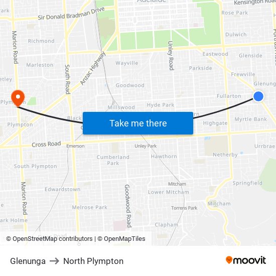 Glenunga to North Plympton map