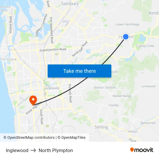 Inglewood to North Plympton map