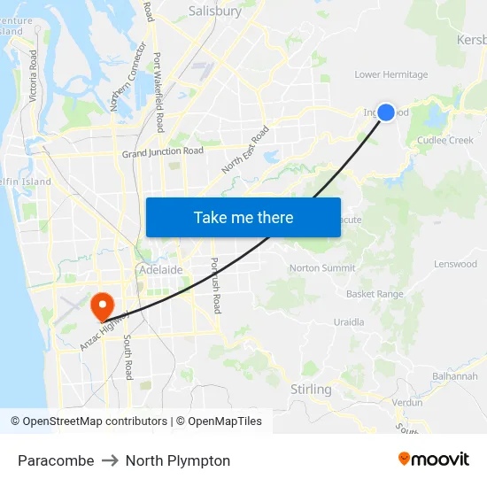Paracombe to North Plympton map