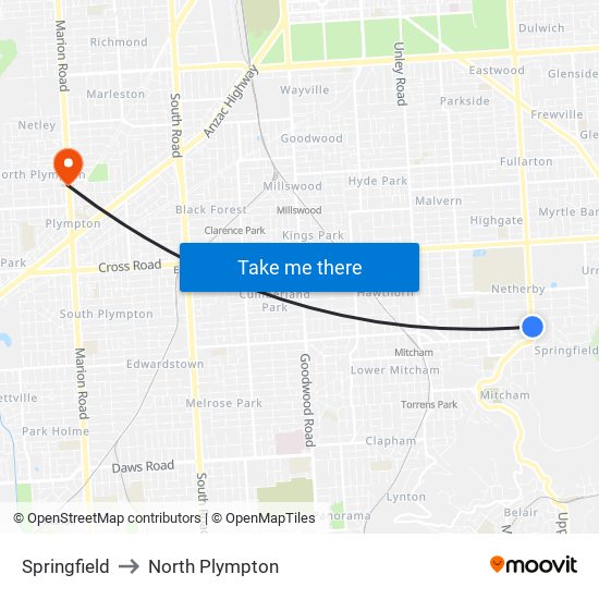 Springfield to North Plympton map