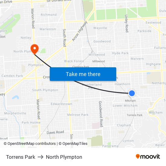 Torrens Park to North Plympton map