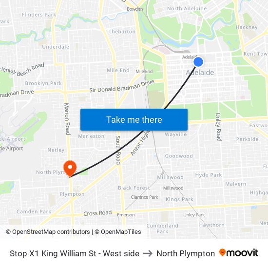 Stop X1 King William St - West side to North Plympton map