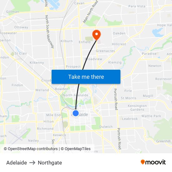 Adelaide to Northgate map