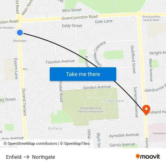 Enfield to Northgate map