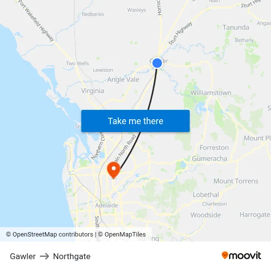 Gawler to Northgate map