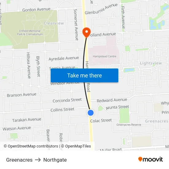 Greenacres to Northgate map