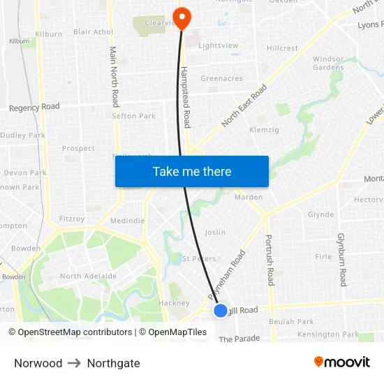 Norwood to Northgate map
