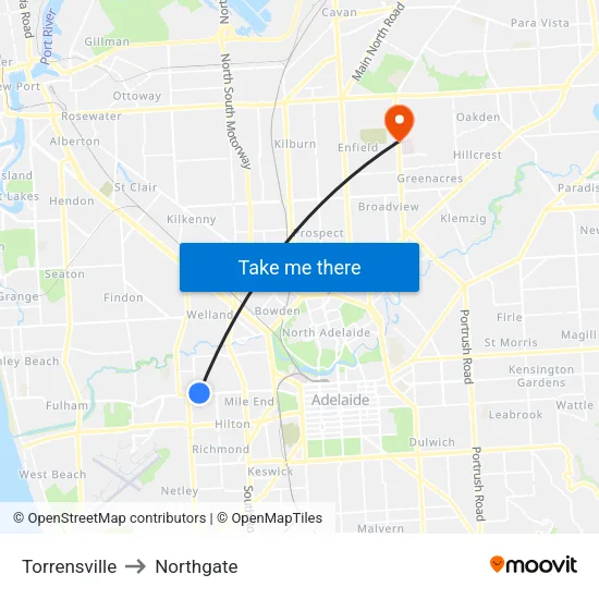 Torrensville to Northgate map