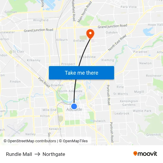 Rundle Mall to Northgate map