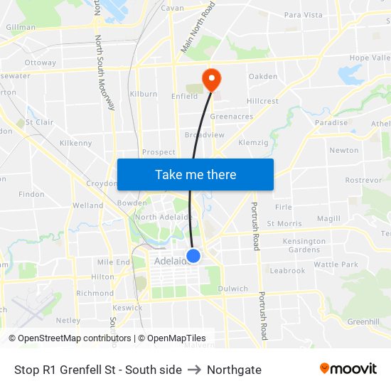 Stop R1 Grenfell St - South side to Northgate map