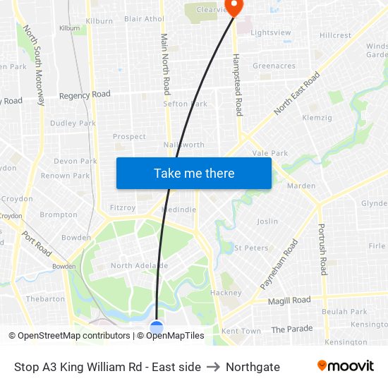 Stop A3 King William Rd - East side to Northgate map