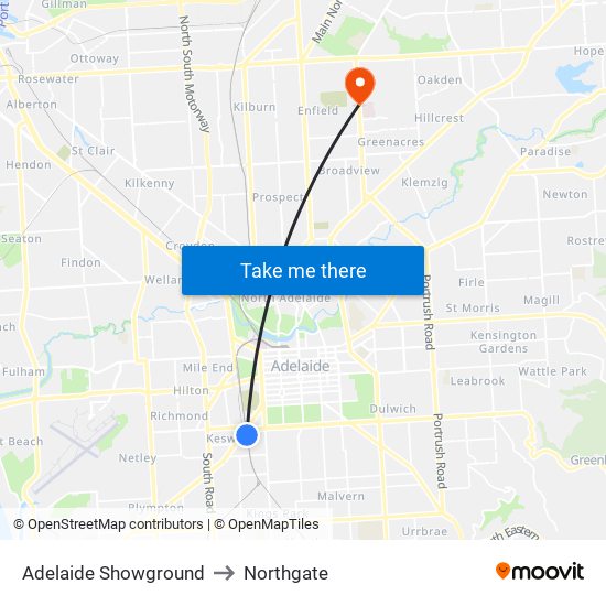 Adelaide Showground to Northgate map