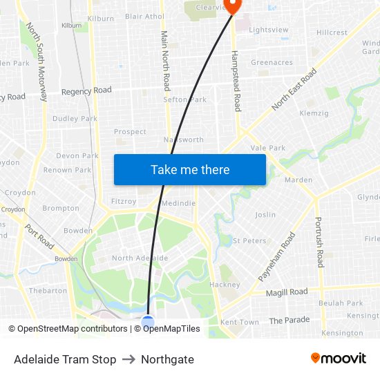 Adelaide Tram Stop to Northgate map