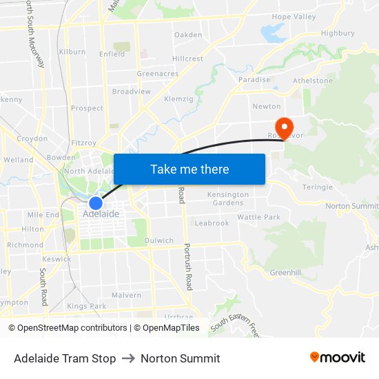 Adelaide Tram Stop to Norton Summit map