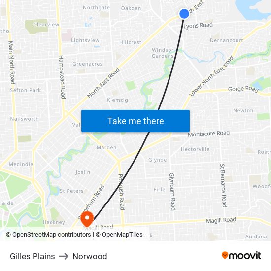 Gilles Plains to Norwood map