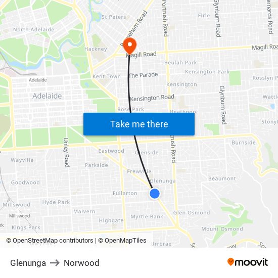 Glenunga to Norwood map