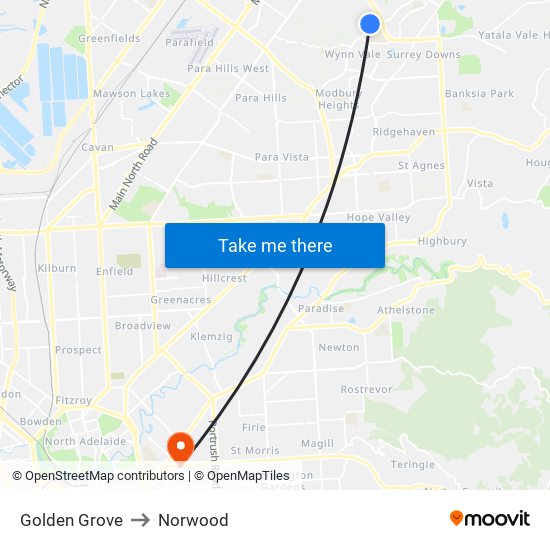 Golden Grove to Norwood map