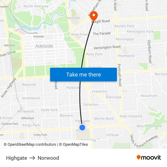 Highgate to Norwood map