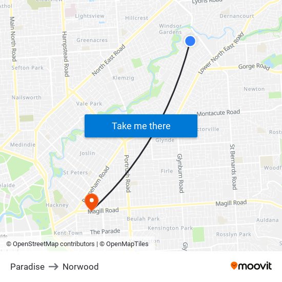 Paradise to Norwood map