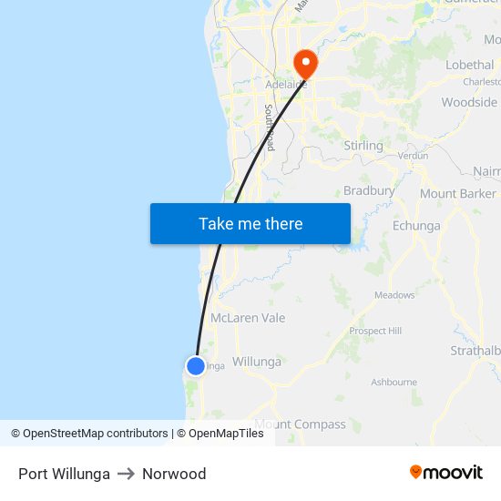 Port Willunga to Norwood map