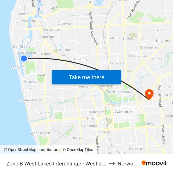 Zone B West Lakes Interchange - West side to Norwood map