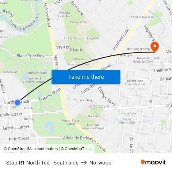 Stop R1 North Tce - South side to Norwood map