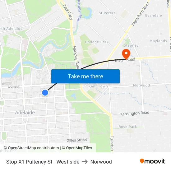 Stop X1 Pulteney St - West side to Norwood map