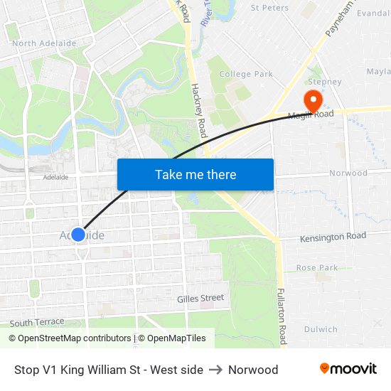 Stop V1 King William St - West side to Norwood map