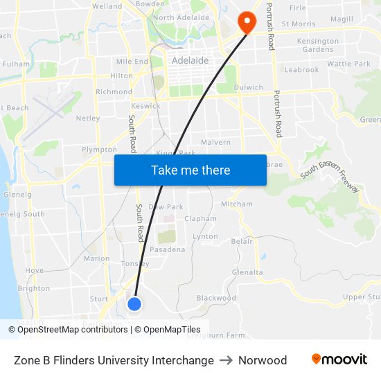 Zone B Flinders University Interchange to Norwood map