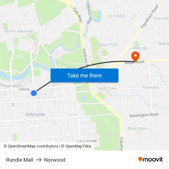 Rundle Mall to Norwood map