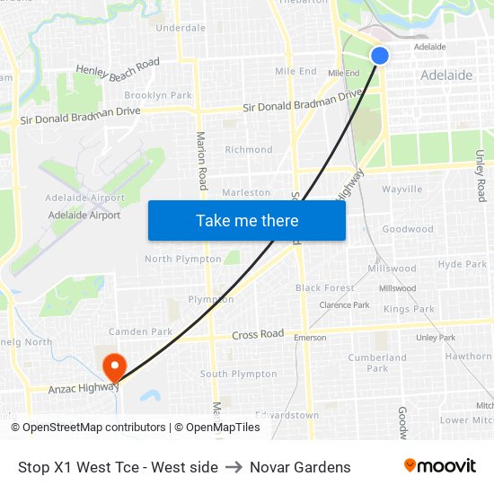 Stop X1 West Tce - West side to Novar Gardens map