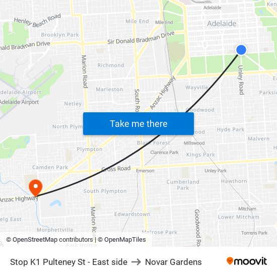 Stop K1 Pulteney St - East side to Novar Gardens map