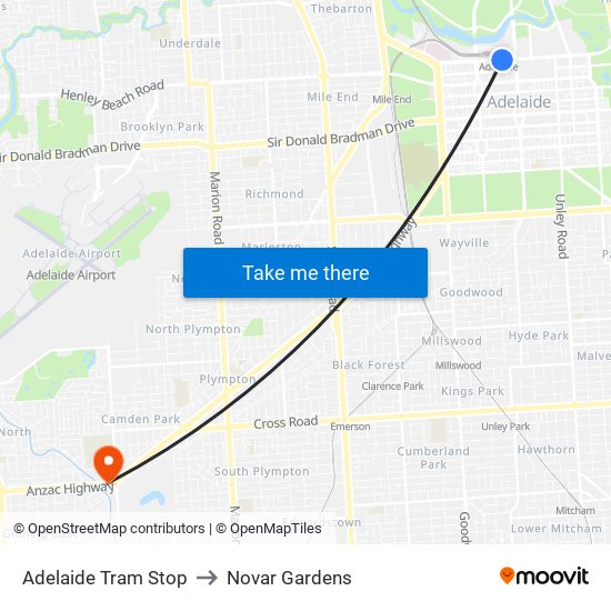 Adelaide Tram Stop to Novar Gardens map